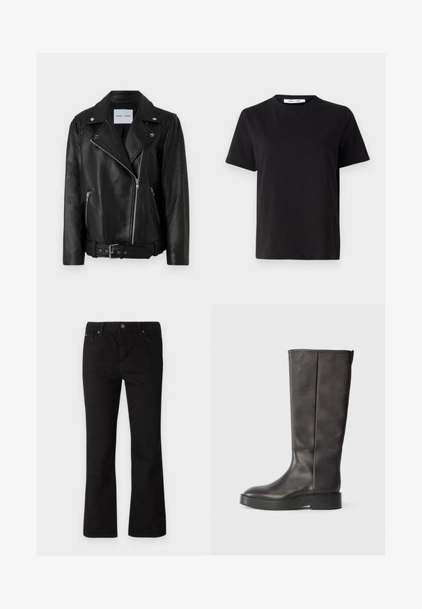 Schwarze Leder-Bikerjacke mit silberfarbenen Reißverschlüssen, tailliertem Bund und spitzen Revers. Verfügt über zwei Reißverschlusstaschen und eine glatte Textur.; Schwarzes T-Shirt mit kurzen Ärmeln aus weicher Baumwolle, mit rundem Ausschnitt, lockerer Passform und glatter Textur. Keine sichtbaren Muster oder Grafiken.; Schwarze gerade Jeans mit Knopf- und Reißverschluss, Gürtelschlaufen sowie Vorder- und Gesäßtaschen vor einem weißen Hintergrund.; Schwarze knöchelhohe Lederstiefel mit dicker Sohle und dezentem Calvin Klein Logo nahe der oberen Kante, seitlich gezeigt.