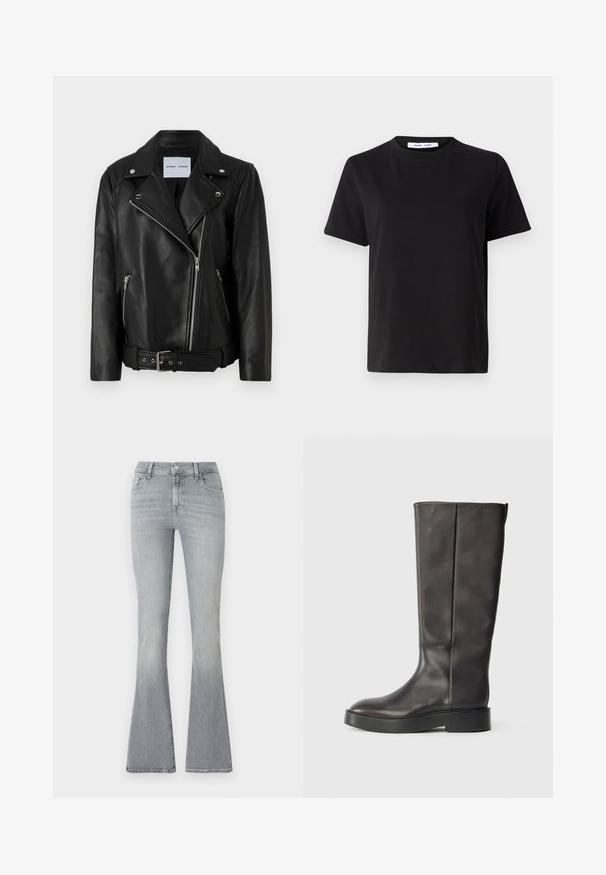 Giacca da motociclista in pelle nera con zip in tono argento, vita con cintura e rever a punta. Presenta due tasche con zip e una superficie liscia.; T-shirt nero a maniche corte realizzato in morbido cotone, con scollatura rotonda, vestibilità rilassata e una superficie liscia. Nessun motivo o grafica visibile.; Jeans a campana in denim grigio chiaro. Alta vita, con una leggera sfumatura dal top all'orlo. Design classico a cinque tasche e chiusura con bottone metallico.; Stivale in pelle nera alto fino al ginocchio, con suola spessa e discreto logo Calvin Klein vicino al bordo superiore, mostrato di lato.