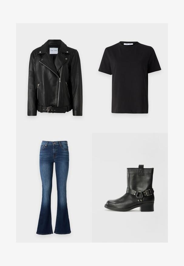 Black leather biker jacket with silver-tone zippers, belted waist, and peaked lapels. Features two zippered pockets and a smooth texture.; Black short-sleeve t-shirt made of soft cotton, featuring a round neckline, relaxed fit, and a smooth texture. No visible patterns or graphics.; Blue flared jeans made of denim. Features a high waist, five pockets, and subtle fading near the hem. Stitching in a contrasting color.; Samsøe Samsøe SABRENTA - Cowboy/biker ankle boot - black
