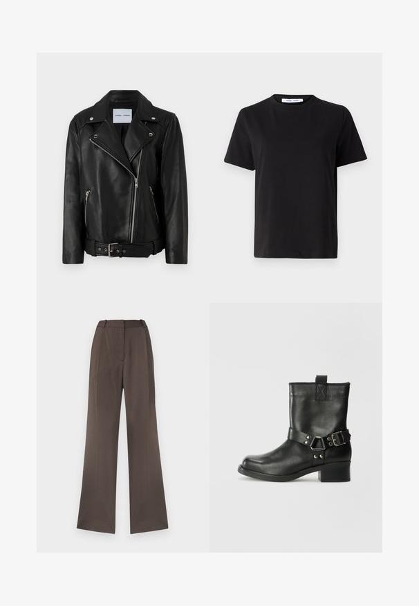 Black leather biker jacket with silver-tone zippers, belted waist, and peaked lapels. Features two zippered pockets and a smooth texture.; Black short-sleeve t-shirt made of soft cotton, featuring a round neckline, relaxed fit, and a smooth texture. No visible patterns or graphics.; Wide-leg trousers in a solid brown fabric, featuring a smooth texture, belt loops, front crease, and no visible pockets.; Samsøe Samsøe SABRENTA - Cowboy/biker ankle boot - black