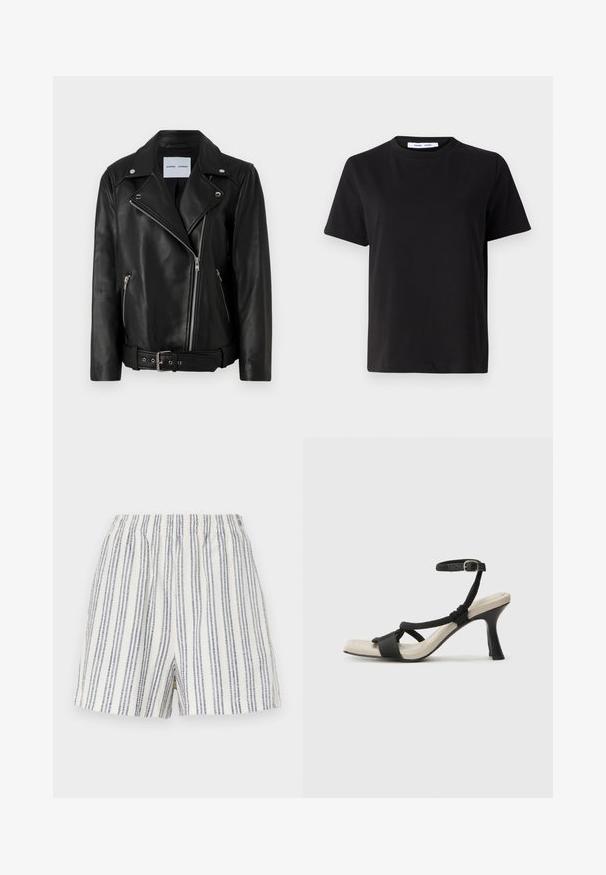 Jachetă de motociclist din piele neagră, cu fermoare din metal argintiu, talie cu curea și rever ascuțite. Dispune de două buzunare cu fermoar și o textură netedă.; Tricou negru cu manșon scurt, fabricat din bumbac moale, având un guler rotund, o croială lejeră și o textură netedă. Fără modele sau grafice vizibile.; Pantaloni scurți cu dungi, confecționați dintr-un material ușor, cu dungi verticale albastre și albe, talie elastică și croială lejeră.; Sandal cu toc negru, cu design de curea împletită, vârf pătrat și curea de gleznă ajustabilă. Tălpică de un bej deschis și toc negru lucios.