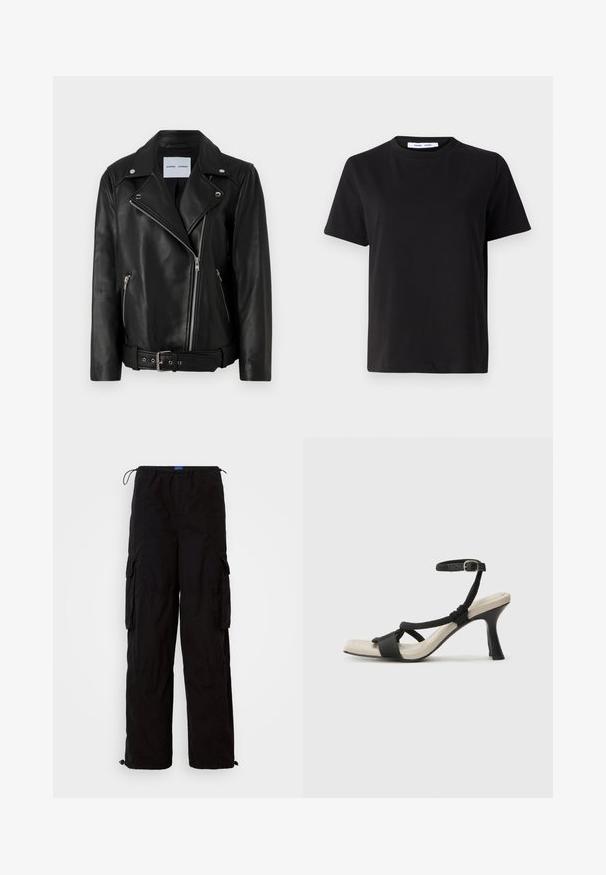Zwart leren motorjack met zilverkleurige ritsen, ceintuur in de taille en piekende revers. Beschikt over twee ritszakken en een soepele textuur.; Zwart T-shirt met korte mouwen, gemaakt van zachte katoen, met een ronde hals, een ontspannen pasvorm en een gladde textuur. Geen zichtbare patronen of opdrukken.; Zwarte cargo-broek van lichtgewicht stof, met een elastische tailleband, meerdere zijzakken en verstelbare hemden voor een relaxte pasvorm.; Zwarte hoge hak sandaal met een gevlochten bandontwerp, vierkante teen en verstelbare enkelband. Lichtbeige voetbed met een glanzende zwarte hak.