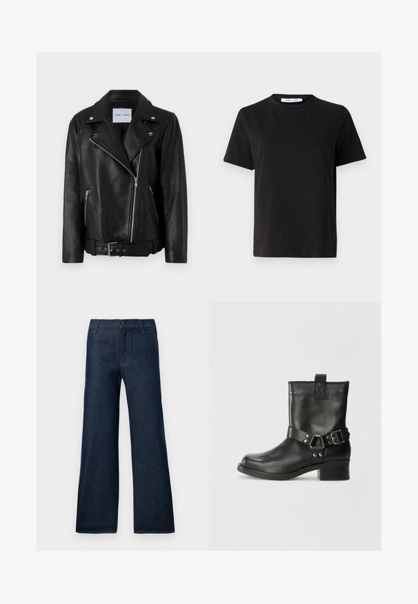 Jaqueta de motociclismo em couro preto com fechos de correr em tom prateado, cintura com cinto e lapelas anguladas. Apresenta dois bolsos com zíper e uma textura suave.; T-shirt preto de manga curta feito de algodão suave, com decote redondo, ajuste descontraído e uma textura suave. Sem padrões ou gráficos visíveis.; Jeans de perna larga em azul escuro, confeccionados em denim, com um design clássico de cinco bolsos, fecho de botão e detalhes de costura sutis.; Samsøe Samsøe SABRENTA - Bota de tornozelo estilo cowboy/motociclista - black