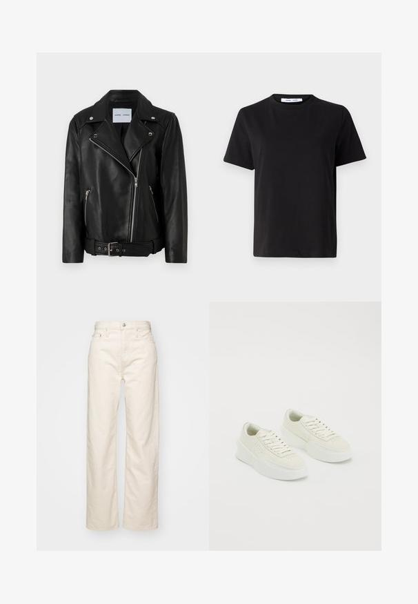 Jaqueta de motociclismo em couro preto com fechos de correr em tom prateado, cintura com cinto e lapelas anguladas. Apresenta dois bolsos com zíper e uma textura suave.; T-shirt preto de manga curta feito de algodão suave, com decote redondo, ajuste descontraído e uma textura suave. Sem padrões ou gráficos visíveis.; Jeans de cintura alta, de perna larga, em denim bege claro, com um design de cinco bolsos e detalhes costurados ao longo das costuras.; Sapatilhas brancas de cano baixo com solas grossas e atacadores, apresentando detalhes perfurados nas laterais e na área do dedo do pé, exibidas sobre um fundo branco.