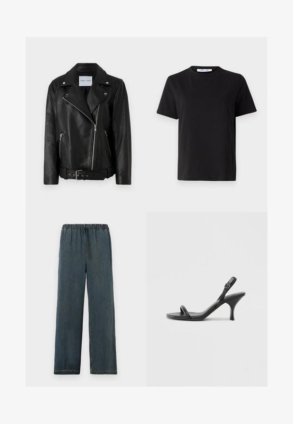 Czarna skórzana kurtka motocyklowa z metalowymi suwakami w kolorze srebrnym, paskiem w talii i szpiczastymi klapami. Posiada dwie kieszenie na zamek błyskawiczny oraz gładką teksturę.; Czarny t-shirt z krótkim rękawem wykonany z miękkiej bawełny, z okrągłym dekoltem, luźnym krojem i gładką fakturą. Bez widocznych wzorów ani grafik.; Granatowe dżinsowe spodnie z elastycznym pasem i sznurkiem do regulacji. Szerokie nogawki z wykończonymi nogawkami i gładką, teksturowaną powierzchnią.; Czarne skórzane sandały na wysokim obcasie z cienkim, zakrzywionym obcasem i skrzyżowanym wzorem pasków. Regulowany pasek na kostkę. Gładka faktura.