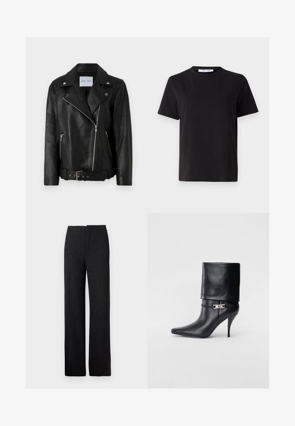 Zwart leren motorjack met zilverkleurige ritsen, ceintuur in de taille en piekende revers. Beschikt over twee ritszakken en een soepele textuur.; Zwart T-shirt met korte mouwen, gemaakt van zachte katoen, met een ronde hals, een ontspannen pasvorm en een gladde textuur. Geen zichtbare patronen of opdrukken.; Zwarte pinstripe broek met een rechte pasvorm, met een gladde textuur en een tailleband, geschikt voor formele of zakelijke kleding.; Zwarte leren enkelboot met een spitse neus, hoge stilettohak, opgevouwen manchet en een gouden decoratieve gespdetails op de enkel.
