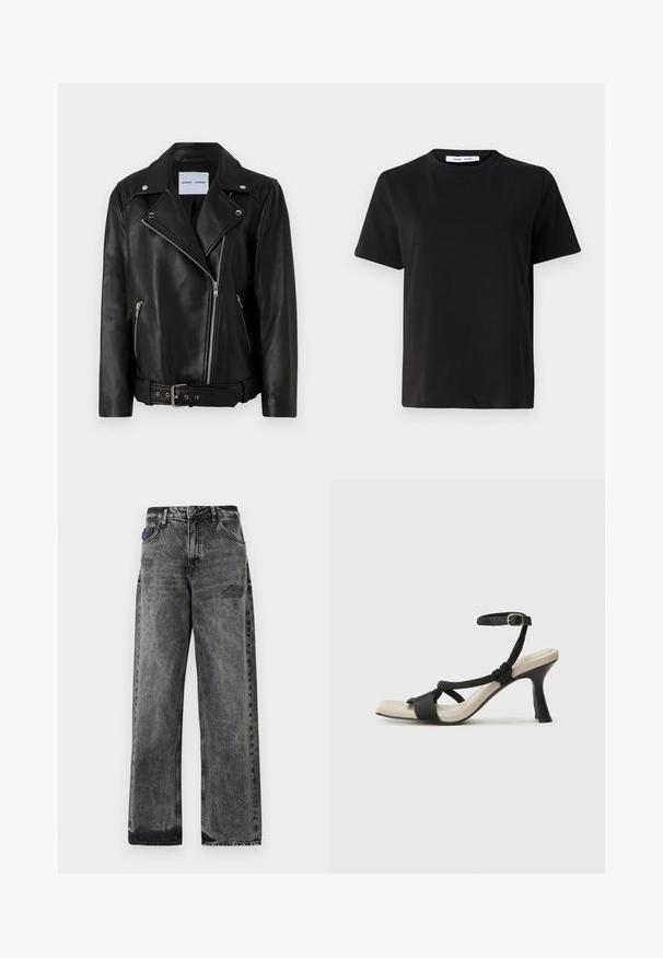 Svart läderbikerjacka med silverfärgade dragkedjor, bälte i midjan och spetsiga slag. Har två fickor med dragkedja och en slät yta.; Svart kortärmad t-shirt i mjuk bomull, med rund halsringning, avslappnad passform och en mjuk yta. Inga synliga mönster eller tryck.; Breda svarta denimjeans med en urtvättad finish, slitna detaljer på framsidan och en standard femficksdesign.; Svart klacksandaler med flätad remdesign, fyrkantig tå och justerbar vristrem. Ljusbeige fotbädd med glansig svart klack.