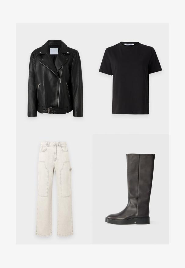 Černá kožená motorkářská bunda s kovovými zipy stříbrné barvy, opaskem v pase a špičatými klopami. Obsahuje dvě kapsy na zip a hladkou texturu.; Černé tričko s krátkým rukávem vyrobené z měkké bavlny, s kulatým výstřihem, volným střihem a hladkým povrchem. Žádné viditelné vzory ani grafika.; Světle zbarvené džíny s širokými nohavicemi, velkými našitými kapsami, vysokým pasem, zapínáním na knoflíky a detaily s neupraveným lemem.; Černé kožené vysoké boty až ke kolenům s silnou podrážkou a diskrétním logem Calvin Klein blízko horního okraje, zobrazené ze strany.