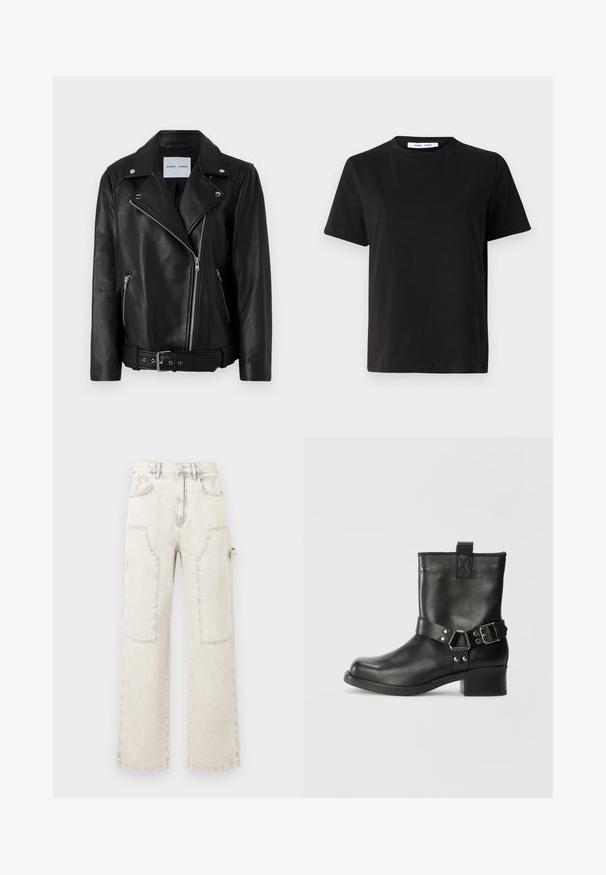 Czarna skórzana kurtka motocyklowa z metalowymi suwakami w kolorze srebrnym, paskiem w talii i szpiczastymi klapami. Posiada dwie kieszenie na zamek błyskawiczny oraz gładką teksturę.; Czarny t-shirt z krótkim rękawem wykonany z miękkiej bawełny, z okrągłym dekoltem, luźnym krojem i gładką fakturą. Bez widocznych wzorów ani grafik.; Jasne, szerokie dżinsy z denimu z dużymi naszywanymi kieszeniami, wysokim stanem, zapięciem na guziki i surowym wykończeniem na dole.; Samsøe Samsøe SABRENTA czarny