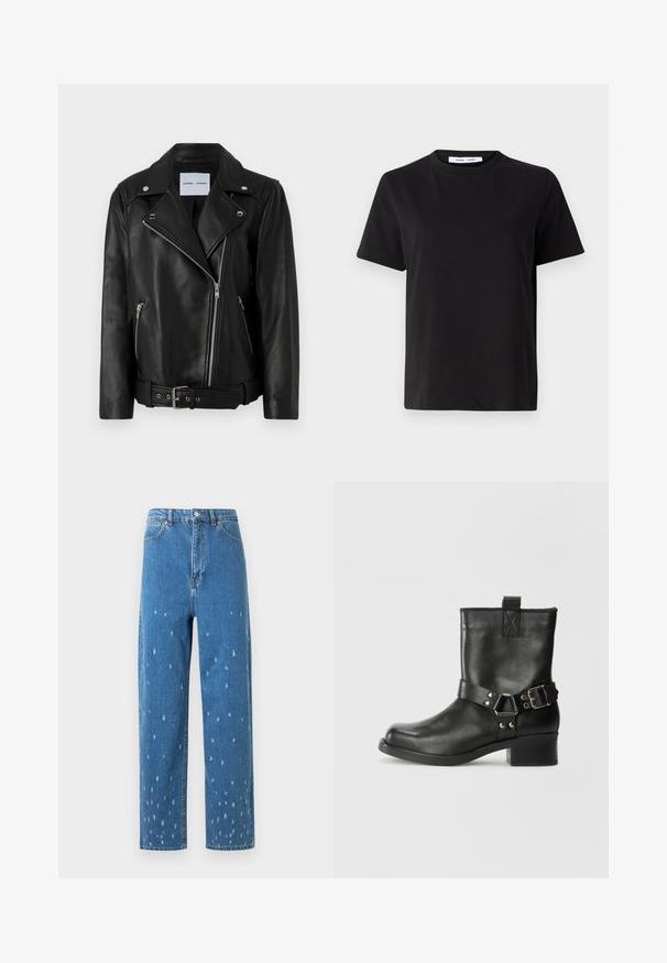 Sort læder bikerjakke med sølvfarvede lynlåse, bælte i taljen og spidse revers. Har to lynlåslommer og en glat tekstur.; Sort t-shirt med korte ærmer fremstillet af blødt bomuld, med rund halsudskæring, afslappet pasform og en glat overflade. Ingen synlige mønstre eller grafik.; Lyseblå, højtaljede jeans med lige ben, fremstillet med slidte detaljer med små revner og et klassisk design med fem lommer.; Samsøe Samsøe SABRENTA - Cowboy- / bikerstøvlette - black