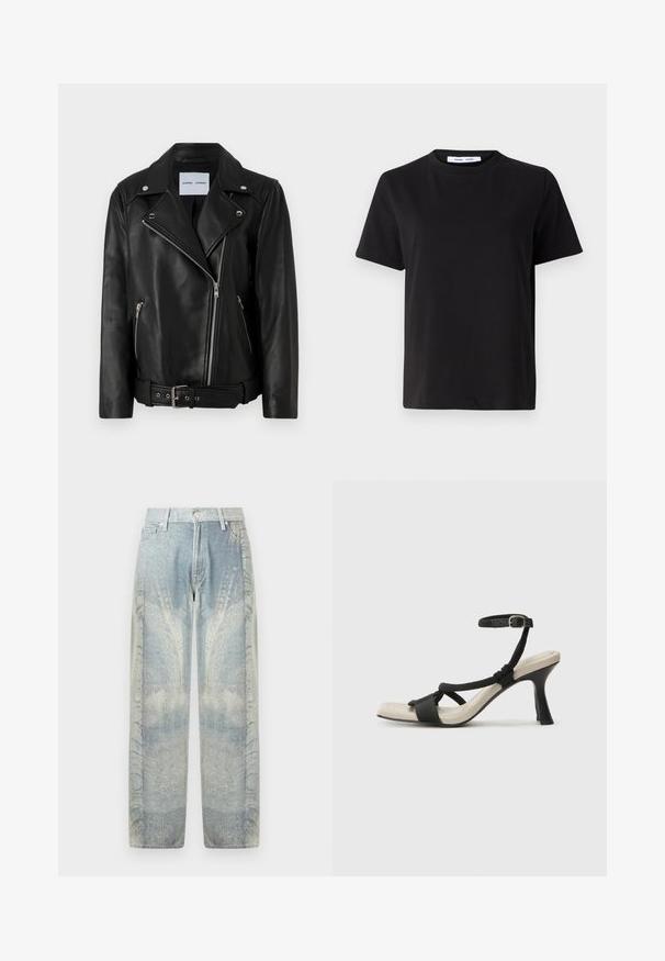 Schwarze Leder-Bikerjacke mit silberfarbenen Reißverschlüssen, tailliertem Bund und spitzen Revers. Verfügt über zwei Reißverschlusstaschen und eine glatte Textur.; Schwarzes T-Shirt mit kurzen Ärmeln aus weicher Baumwolle, mit rundem Ausschnitt, lockerer Passform und glatter Textur. Keine sichtbaren Muster oder Grafiken.; Hellblaue Jeans aus Denim mit einem verblassten, abstrakten Muster; weites Bein Design, Knopfverschluss, fünf Taschen und kontrastierende Nähte.; Schwarze Absatzsandale mit geflochtenem Riemendesign, quadratischer Spitze und verstellbarem Knöchelriemen. Helle beigefarbene Sohle mit glänzendem schwarzen Absatz.
