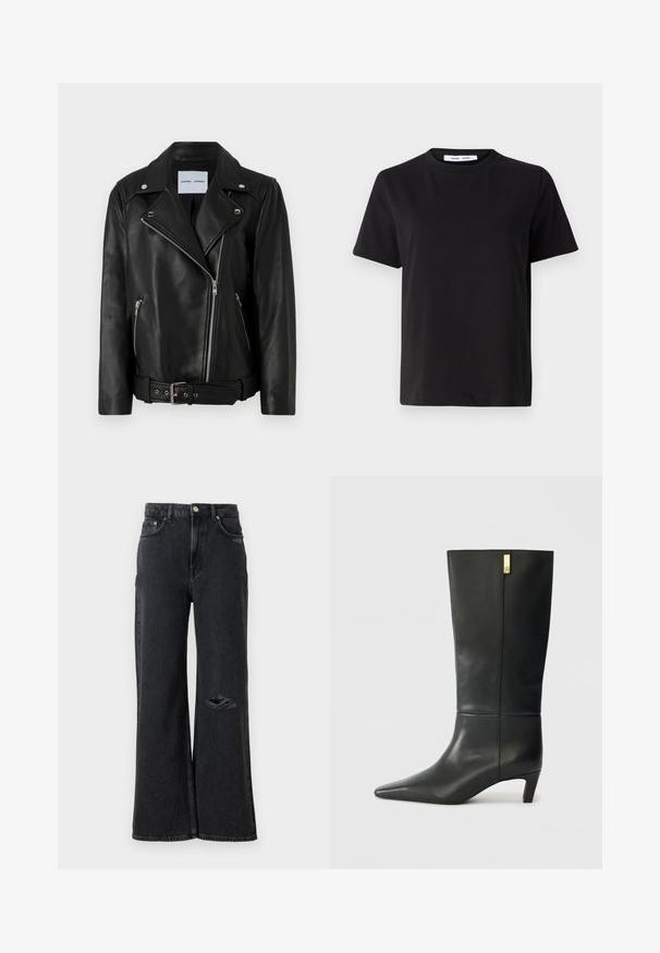 Mustaliselt nahast mootorratturi jope, millel on hõbedased tõmblukud, vöökoht ja teravad kraed. Omab kahte tõmblukuga taskut ja sile tekstuur.; Must have lühikeste varrukatega t-särk, mis on valmistatud pehmest puuvillast, ümmarguse kaelusega, lõdva sobivusega ja sileda tekstuuriga. Ei ole nähtavaid mustreid ega graafikat.; Laiad mustad denim püksid kõrge vöökohaga, millel on vasakul põlvel kulumine ja klassikalised metallnupud ning räbala accentid.; Mustmustest mustakõrgune musta nahast saabas terava ninaga ja väikese kontsaga. Omab sujuvat disaini kuldse aksendi detailiga. Sile tekstuur.
