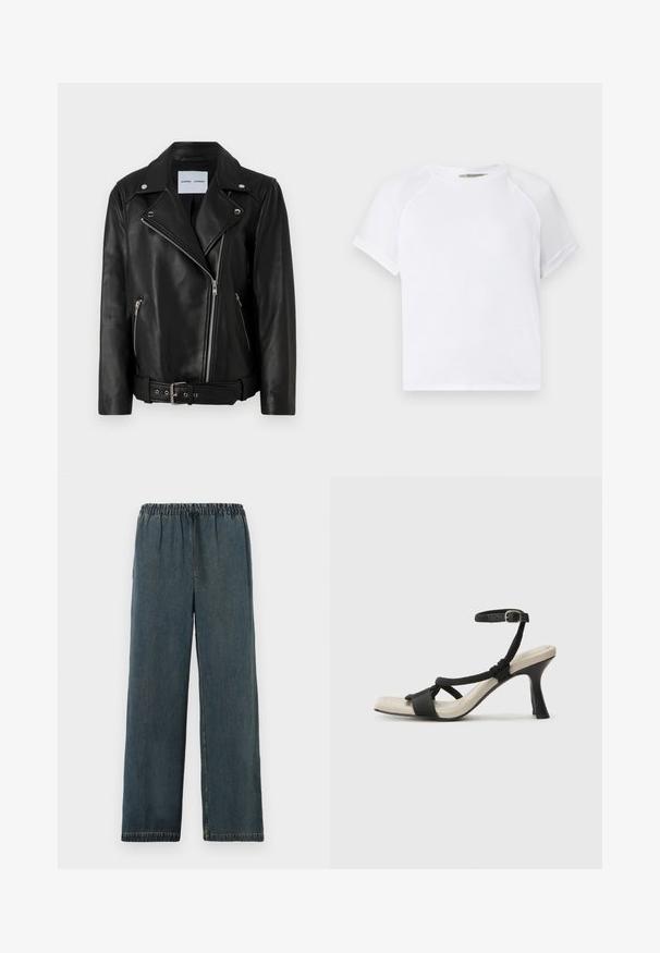 Černá kožená motorkářská bunda s kovovými zipy stříbrné barvy, opaskem v pase a špičatými klopami. Obsahuje dvě kapsy na zip a hladkou texturu.; Bílý bavlněný tričko s kulatým výstřihem, krátkými raglánovými rukávy a volným střihem. Hladká texturka bez viditelných vzorů či akcentů.; Tmavě modré džínové kalhoty s elastickým pasem a stahovací šňůrkou. Široký střih nohavic s obrubami a hladkým, strukturovaným povrchem.; Černé sandály na podpatku s pleteným designem pásku, čtveratou špičkou a nastavitelným páskem kolem kotníku. Světle béžová stélka s lesklým černým podpatkem.