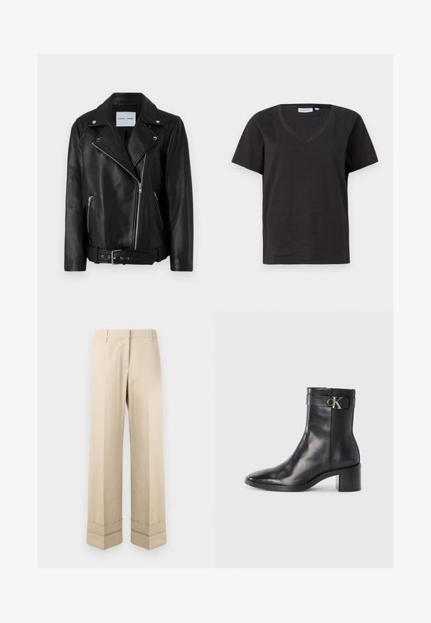 Jaqueta de motociclismo em couro preto com fechos de correr em tom prateado, cintura com cinto e lapelas anguladas. Apresenta dois bolsos com zíper e uma textura suave.; T-shirt de algodão preto com decote em V e mangas curtas. Design simples com um corte regular e sem padrões ou detalhes.; Calças bege com um corte reto, apresentando uma dobra dupla na bainha e um design frontal plano. Feitas de um tecido suave e durável.; Bota de tornozelo em couro preto com bico fino, salto bloco e uma faixa com detalhe em logótipo metálico. Textura suave e design minimalista.