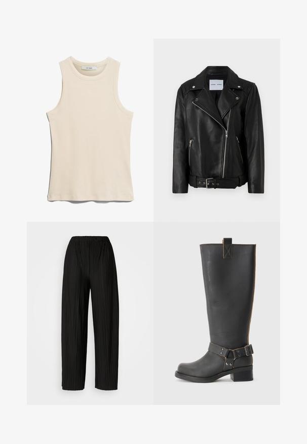 Sort læder bikerjakke med sølvfarvede lynlåse, bælte i taljen og spidse revers. Har to lynlåslommer og en glat tekstur.; Ærmeløs lys beige tanktop lavet af ribbet stof, med en rund halsudskæring og et rent, minimalistisk design.; Sorte plisserede bukser med bredt ben og elastisk talje. Stoffet har lodrette plisseringer og en glat tekstur.; Sorte læderknæhøje støvler med en tekstureret overflade, der har en sidebuckle-detalje og en lav hæl. Særligt detaljeret syninger langs sømmene.