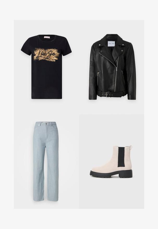 Črna usnjena motoristična jakna z zlatimi zadrgami, pasom z zaponko in koničastimi lapelami. Ima dva žepa z zadrgo in gladko teksturo.; Črna bombažna majica s kratkimi rokavi in okroglim izrezom, ki vsebuje zlat in rjav tiskani dizajn z napisom "Liu Jo."; Svijetloplave traperice ravnog kroja. Imaju pet džepova, metalno kopčanje na dugme i suptilno izbjeljivanje za teksturu.; Bež usnjeni Chelsea škorenj s črnim elastičnim stranskim panelom, masivnim črnim podplatom in zanka na gležnju.