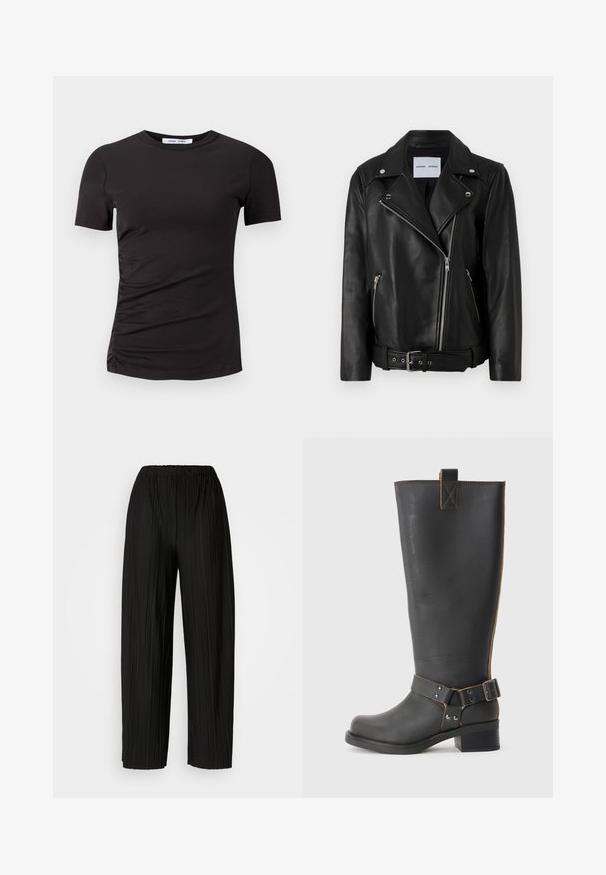 Mustaliselt nahast mootorratturi jope, millel on hõbedased tõmblukud, vöökoht ja teravad kraed. Omab kahte tõmblukuga taskut ja sile tekstuur.; Must have lühikeste varrukatega must T-särk, mis on valmistatud pehmest kangast, ümar kaelus ja vasakul küljel volangide detail annab ilusa tekstuuri.; Mustad voodri laiad püksid elastse vöökoha ja vertikaalsete volangidega, millel on sile tekstuur.; Mustast nahkast kuni põlvede kõrgune saabas tekstureeritud viimistlusega, külgedel on pandlaaktsent ja madal konts. Õmbluste juures on detailne tikand.