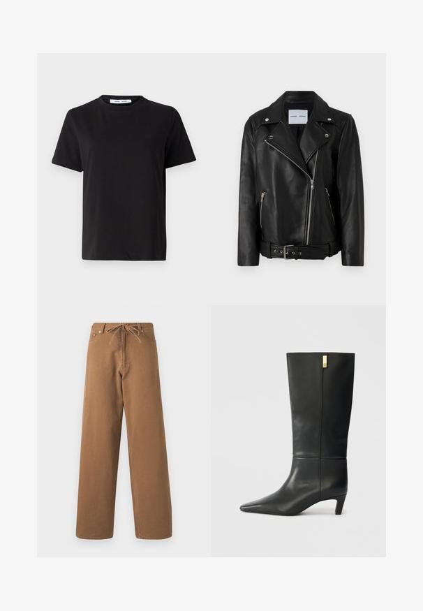 Crna kožna moto jakna s srebrnim zatvaračima, remenom u struku i šiljastim reverima. Ima dva džepa sa zatvaračem i glatku teksturu.; Crna kratka majica s kratkim rukavima od mekanog pamuka, s okruglim izrezom, opuštenim krojem i glatkom teksturom. Nema vidljivih uzoraka ili grafike.; Smeđe široke hlače izrađene od pamuka, sa podesivim pojasom i dva prednja džepa. Teksturalna tkanina s glatkom završnom obradom.; Crne kožne čizme do koljena s šiljastim nosom i malim potpeticom. Imaju elegantan dizajn s detaljima u zlatnoj boji. Glatka tekstura.