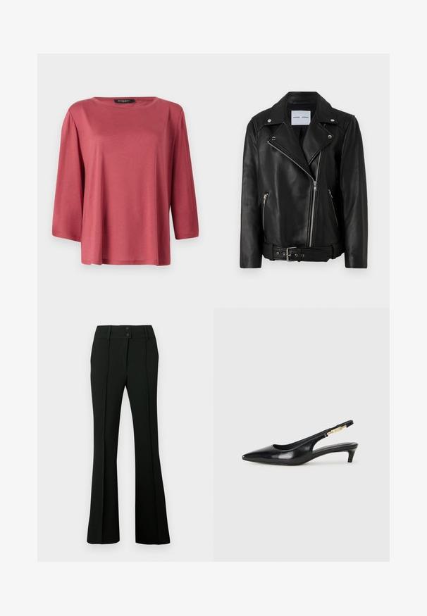 Black leather biker jacket with silver-tone zippers, belted waist, and peaked lapels. Features two zippered pockets and a smooth texture.; Loose-fitting, round-neck top in a solid coral color. Features three-quarter length sleeves and a smooth, lightweight fabric.; Black flared pants featuring a smooth fabric, high waistband with two buttons, and front pleats, providing a tailored appearance.; Black leather slingback heels with a pointed toe, featuring a slim heel and a gold-tone accent on the adjustable strap. Smooth texture.
