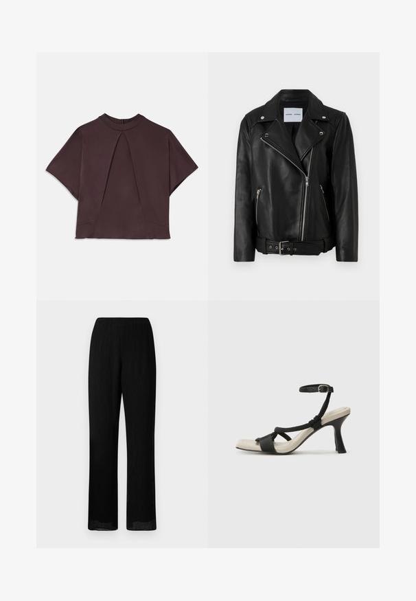 Black leather biker jacket with silver-tone zippers, belted waist, and peaked lapels. Features two zippered pockets and a smooth texture.; Dark brown short-sleeve top with a high neckline, featuring a front pleat and subtle side seams, made from a smooth, textured fabric.; Black, wide-leg trousers with a creased texture and elastic waistband. The fabric is lightweight and flows, with a straight cut to the hem.; Black heeled sandal with braided strap design, square toe, and adjustable ankle strap. Light beige footbed with a glossy black heel.