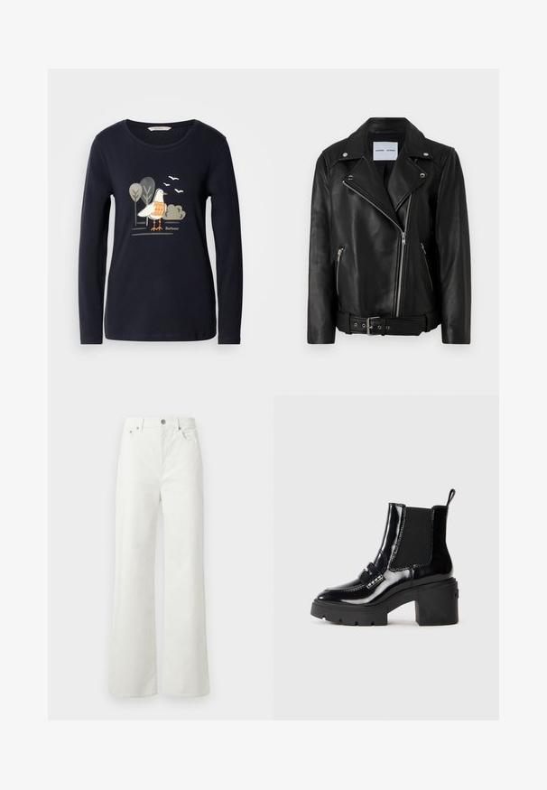 Jaqueta de motociclismo em couro preto com fechos de correr em tom prateado, cintura com cinto e lapelas anguladas. Apresenta dois bolsos com zíper e uma textura suave.; Camisa de manga longa azul-marinho com um gráfico de um pássaro com detalhes em laranja, rodeado por árvores estilizadas e pássaros em um design minimalista.; Samsøe Samsøe SHELLY - Calças de ganga de corte relaxado - clear cream; Bota ankle preta em verniz com um salto robusto, painéis laterais elásticos, tira decorativa e costura contrastante. Textura lisa com um acabamento brilhante.