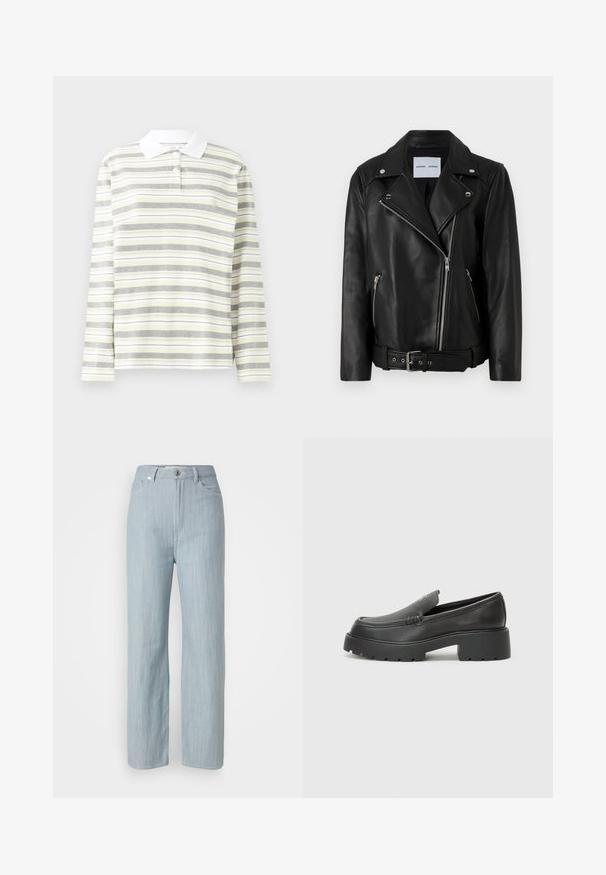 Črna usnjena motoristična jakna z zlatimi zadrgami, pasom z zaponko in koničastimi lapelami. Ima dva žepa z zadrgo in gladko teksturo.; Polo majica z dolgimi rokavi, lahka bombažna mešanica, z vertikalnimi izmeničnimi črtami v sivi, rumeni in beli barvi. Bela ovratnik in tri gumbi.; Svijetloplave traperice ravnog kroja. Imaju pet džepova, metalno kopčanje na dugme i suptilno izbjeljivanje za teksturu.; Črne usnjene loafers čevlje z zaobljenim nosom, debelim teksturiranim podplatom in minimalnimi šivi. Elegantna zasnova brez vidnih vezalk ali kovinskih delov.