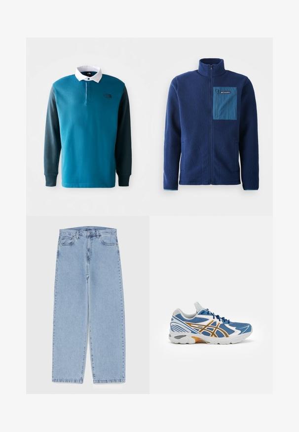 Jūras spēku flīsa jaka ar augstu apkakli, kurai ir kontrastējoša zila ar rāvējslēdzēju kabata krūtīs un divas sānu kabatas. Mīksta, teksturēta auduma.; Garās piedurknes polo krekls teal un tumši zaļā krāsā, ar baltu apkakli, pogu rindu un melnu logotipu uz krūtīm. Kokvilnas maisījuma materiāls.; Gai zila džinsu bikses ar taisnu kāju dizainu, kas piedāvā vidēju vidukļa augstumu, piecas kabatas un pogas un rāvējslēdzēja aizdari.; Zila sporta apava ar acs audumu augšdaļu, baltiem un oranžiem akcentiem, ar mīkstinātu vidusdaļu un teksturētu gumijas zoli. Iespējama saslēdzama dizaina.