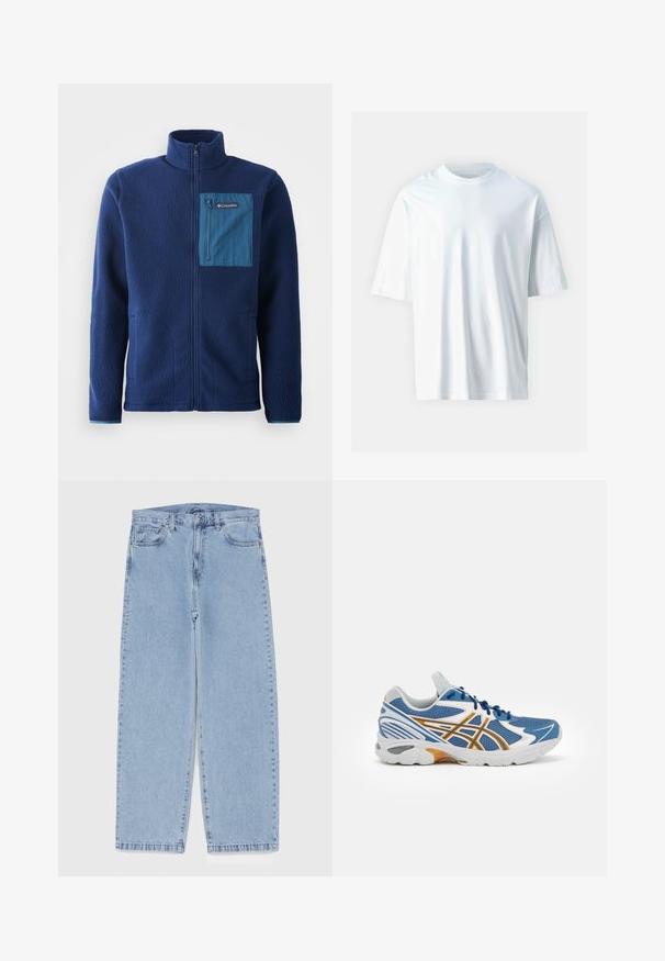 Mornarska flis jakna s visokim ovratnikom, koja ima kontrastnu plavuzipu zatvorenu prsnu džepu i dva bočna džepa. Mekana, teksturirana tkanina.; Bijela kratkosjećana majica od mekanog pamuka. Ima okrugli izrez, opuštene je siluete i glatku teksturu. Nema vidljivih uzoraka ili naglasaka.; Svijetloplave traperice s ravnim nogavicama, sa srednjim strukom, pet džepova i zatvaranjem na dugme i patentni zatvarač.; Plava atletska cipela s mrežastim gornjim dijelom, bijelim i narančastim detaljima, podstavljenim srednjim dijelom i teksturiranim gumene potplate. Ima vezanje na vezice.