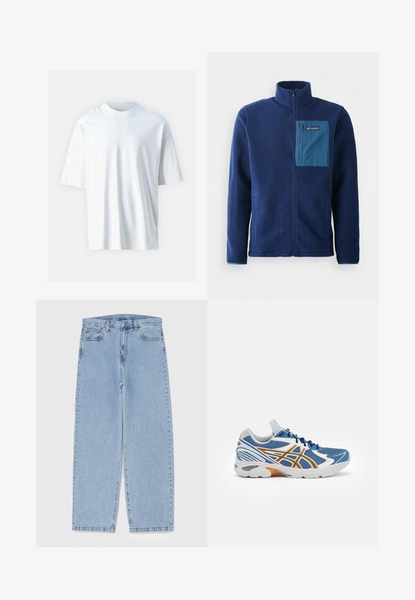Granatowa polarowa kurtka z wysokim kołnierzem, z kontrastową niebieską kieszenią na zamek na piersi i dwiema bocznymi kieszeniami. Miękki, teksturowany materiał.; Biała koszulka z krótkim rękawem wykonana z miękkiej bawełny. Posiada okrągły dekolt, luźny krój i gładką fakturę. Brak widocznych wzorów lub akcentów.; Jasnoniebieskie dżinsy o prostym kroju nogawki, z średnim stanem, pięcioma kieszeniami oraz zapięciem na guzik i zamek błyskawiczny.; Niebieski but sportowy z siateczkową cholewką, białymi i pomarańczowymi akcentami, amortyzującą podeszwą środkową i teksturowaną podeszwą z gumy. Posiada system sznurowania.