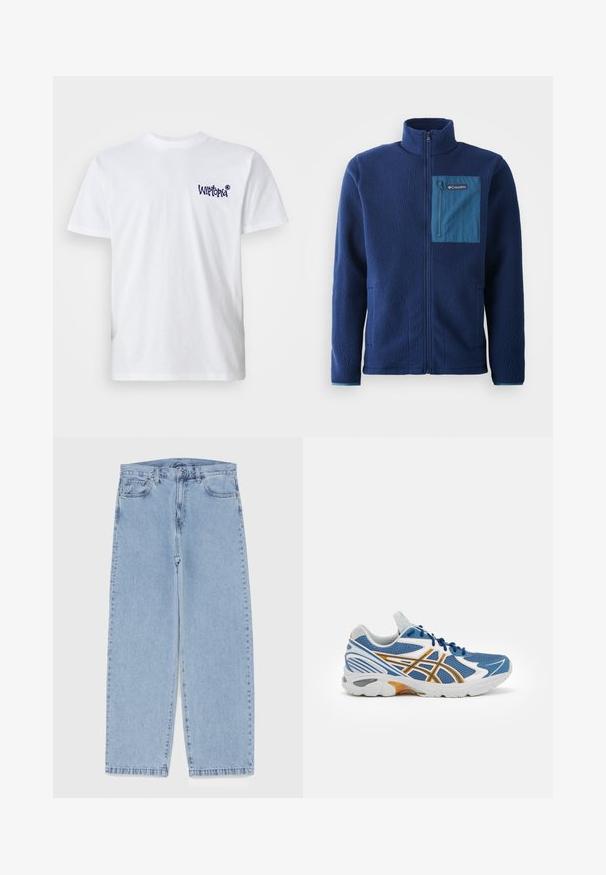 Marineblauwe fleecejas met een hoge kraag, voorzien van een contrasterende blauwe ritszak op de borst en twee zijzakken. Zachte, gestructureerde stof.; Witte katoenen T-shirt met korte mouwen, ronde hals, en klein marineblauw "Wiltopia" logo op de linkerborst. Soepele textuur.; Lichtblauwe denim jeans met een recht model, voorzien van een middelhoge taille, vijf zakken en een knoop- en ritssluiting.; Blauwe sportshoe met een bovenwerk van mesh, witte en oranje accenten, gevoerde tussenzool en een getextureerde rubberen buitenzool. Heeft een vetersluiting.