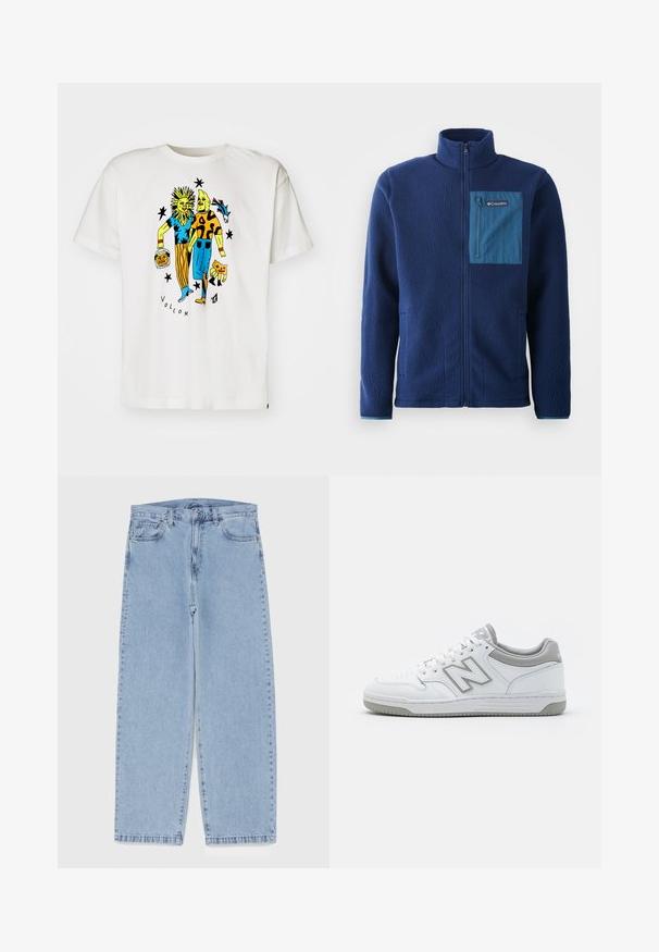 Mornarska flis jakna z visokim ovratnikom, ki ima kontrastno modro zadrgo na prsnem žepu ter dva bočna žepa. Mehka, strukturirana tkanina.; Bela bomba majica iz bombaža s pisanom grafiko dveh figur, ena z zasnovo sonca in druga s pikčasto vzorcem, z napisom "VOLCOM".; Svijetloplave traperice s ravnim nogavicama, srednjeg struka, pet džepova te zatvaranjem na gumb i munju.; Bele superge iz bele usnja z sivimi elementi, z luknjasto prednjo stranjo, ravnimi vezalkami in vzorčastim podplatom. Na strani je logo New Balance.
