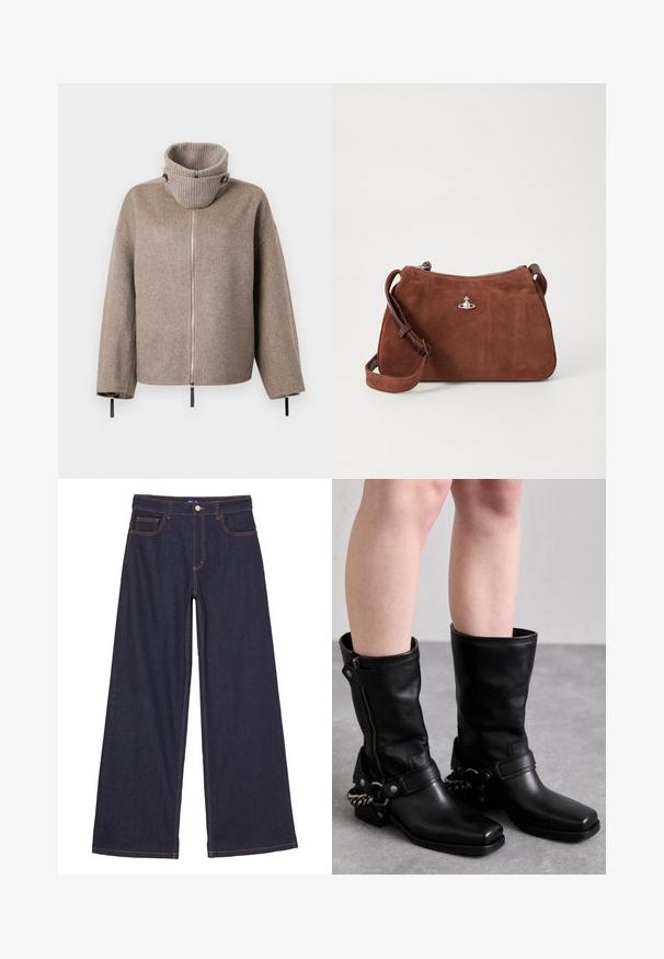 Ruda vilnos blendinė striukė su aukšta, raukšlėta apykakle, užtrauktuku ir juodomis detalėmis ant rankovių, suteikiančiomis reguliuojamą pritaikymą.; Bežinė mėlyna mezgimo megztinė su giliu V iškirpimu, ilgomis rankovėmis ir tekstūruotu skyriumi krūtinėje. Trumpas ilgis su laisvu kirpimu.; Platus džinsai tamsiai mėlynos denim medžiagos. Savybės: auksinės siūlės ir penkios kišenės, įskaitant dvi priekinės ir vieną galinę, su sagų uždarymu.; Juodos odinės iki kelių siekiančios bootai su kvadratiniu pirštu, šoniniu užtrauktuku ir reguliuojama juosta, kuri turi metalinę grandinėlę. Matinis paviršius ir tvirta padas.; Rudas zomšos rankinukas su užtrauktuku, reguliuojama petneša ir sidabro spalvos akcentais, pasižymintis subtilia tekstūru.