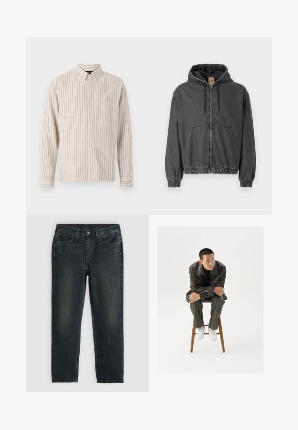 Grey denim hooded jacket with a zip closure, elastic cuffs, and waistband. Features large front pockets and a quilted inner lining.; Button-up shirt in cream with vertical stripes. Made from textured fabric, featuring a collar, long sleeves, and front button closure.; Dark blue denim jeans with a straight-leg cut, featuring five pockets, a zip fly, and contrasting stitching. Subtle fading on the fabric.; Brown leather jacket with a wide collar, paired with dark green jeans and white sneakers. The model sits on a wooden stool.