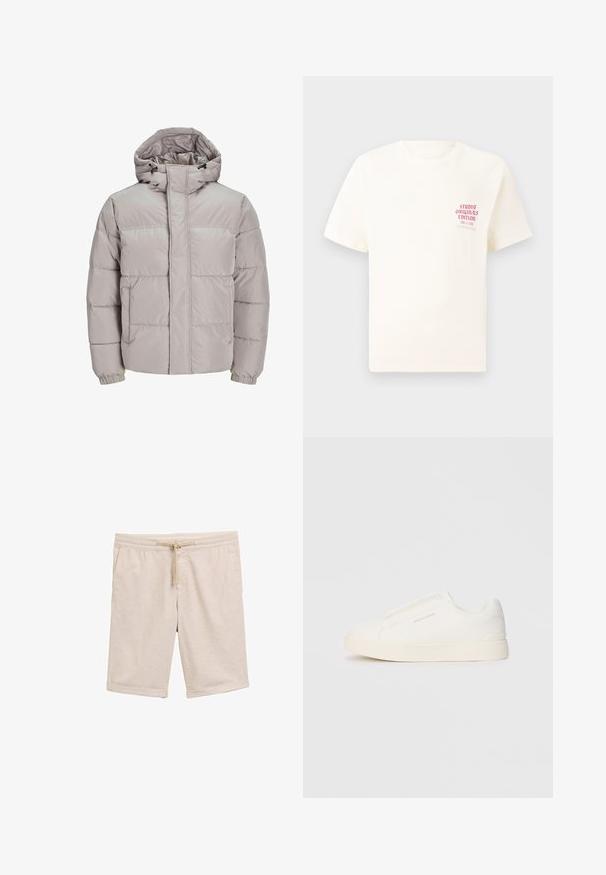 Kurtka puchowa w jasnoszarym kolorze, z odpinanym kapturem, elastycznymi mankietami i pikowanym wzorem. Zawiera dwie boczne kieszenie oraz pełny zamek z przodu.; Biała koszulka z krótkim rękawem z czerwonym napisem "Studio Originals Edition" po lewej stronie klatki piersiowej, wyeksponowana na neutralnym szarym tle.; Beżowe szorty z mieszanki bawełny z elastycznym pasem, detalem w postaci sznurka oraz podwiniętymi mankietami. Gładka faktura, bez wzorów i elementów metalowych.; Białe sneakersy wsuwane z teksturowanej powierzchni, grubą podeszwą i minimalistycznym designem. Zawierają logo marki z boku.