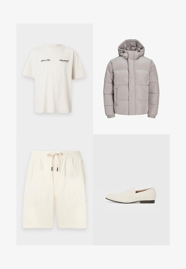 Gai pelēks pūkains jaku ar kapuci, ar izšūtu dizainu, elastīgām aprocēm un ar rāvējslēdzēju. Mīksta, gluda tekstūra ar divām priekšējām kabatām.; Balts īsām piedurknēm T-krekls, izgatavots no kokvilnas, ar melnu uzrakstu: "Dzimis sacensties" kreisajā pusē un "McLaren Formula 1 komanda" labajā pusē.; Kremkrāsas šorti, kas izgatavoti no strukturēta auduma ar pārbaudītu rakstu. Satur elastīgu jostasvietu ar auklu un divām sānu kabatām.; Gai bēša kurpes ar smailu pirkstu, gludu materiālu, siksnu pāri pēdas daļai un zemu brūnu zoli. Vienkāršs dizains ar minimāliem akcentiem.