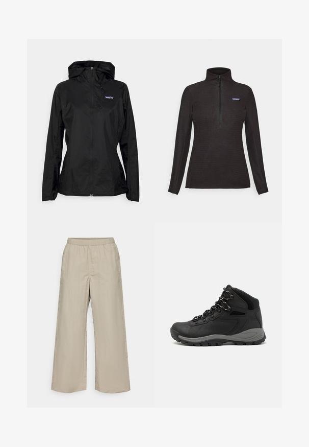 Jachetă ușoară de culoare neagră, cu glugă, fermoar frontal și manșete elastice. Prezintă un mic logo brodat pe partea stângă a pieptului. Textură netedă.; Pulover din fleece texturat negru, cu mâneci lungi, fermoar pe un sfert în față și un mic patch cu logo pe partea stângă a pieptului.; Pantaloni evazați din material bej deschis, cu o talie elastică, textură netedă și fără elemente de accesorii sau modele vizibile.; Botă de drumeție neagră cu un design mediu, având un material texturat, accente gri și o talpă din cauciuc durabilă cu crampoane pentru aderență.