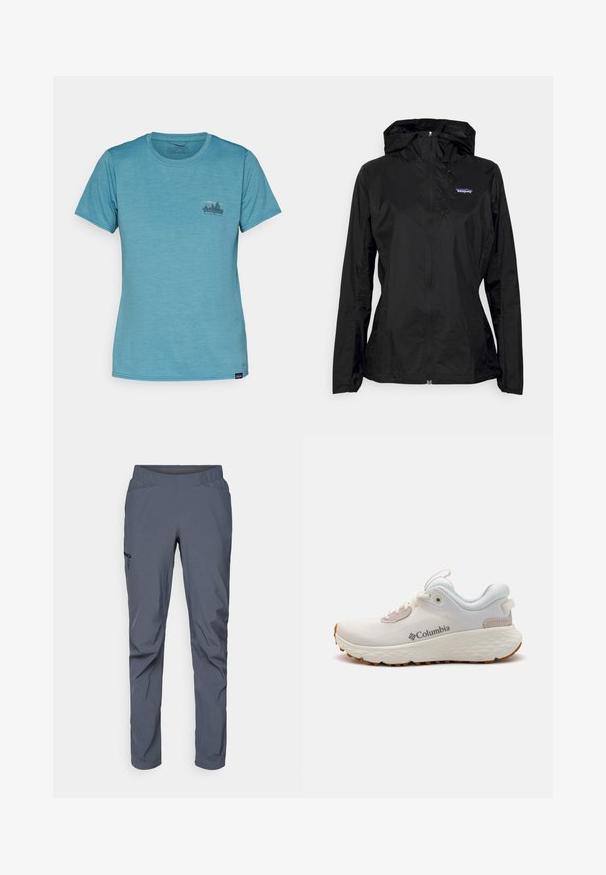 Μαύρο ελαφρύ μπουφάν με κουκούλα, φερμουάρ μπροστά και ελαστικούς σωλήνες. Διαθέτει ένα μικρό κεντητό λογότυπο στο αριστερό στήθος. Λείος υφασμάτινος ιστός.; Κοντομάνικο μπλουζάκι με στρογγυλή λαιμόκοψη σε ανοιχτό μπλε χρώμα, με γραφικό βουνού στο αριστερό στήθος σε σκούρο γκρι. Μαλακό, ελαφρύ ύφασμα.; Γκρι παντελόνια επίδοσης με ελαστική μέση, δύο μπροστινές τσέπες και τσέπη με φερμουάρ στο πλάι. Ξεχωριστή υφή και κωνικό τελείωμα.; Ελαφρύ αθλητικό παπούτσι Columbia σε λευκό διχτυωτό υλικό με υφή γκρι σόλας και ελαστική πρόσφυση. Διαθέτει επενδεδυμένο κολάρο και σχέδιο με κορδόνια.