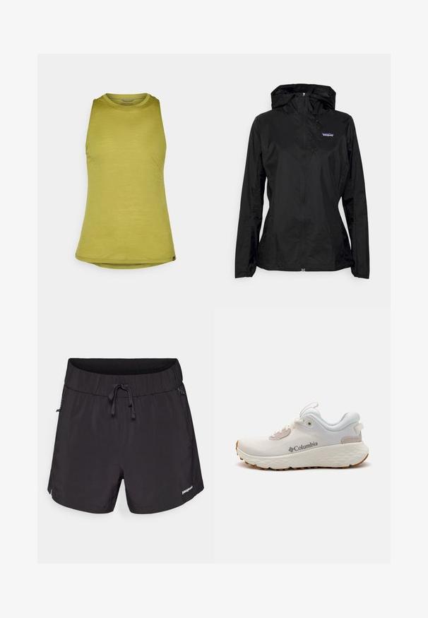 Juodas lengvas džemperis su gobtuvu, užtrauktuku priekyje ir elastingomis rankovėmis. Yra mažas siuvinėtas logotipas ant kairiojo krūtinės. Lygus paviršius.; Žaliai alyvuogių spalvos be rankovių palaidinė su apvaliu kaklu, pagaminta iš lygaus audinio, turinti šiek tiek laisvą siluetą ir išlenktą apatinę dalį.; Juoda maudymosi šortai, pagaminti iš lengvos medžiagos, su elastingu juosmeniu, raišteliu ir šoninėmis kišenėmis funkcionalumui.; Lengvas Columbia sportinis batelis balto tinklinio audinio su tekstūruota pilka padanga ir guma sukibimui. Yra paminkštinta apykaklė ir raištelių dizainas.