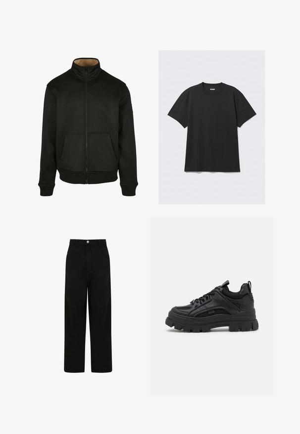 Giacca nera con zip, colletto alto e due tasche frontali, realizzata in tessuto morbido, con polsini e orlo a costine, dalla texture liscia.; T-shirt nero a maniche corte in cotone. Presenta un collo a giro e una vestibilità comoda. Design semplice senza motivi o dettagli visibili.; Pantaloni neri a gamba larga, realizzati in cotone. Presentano una chiusura frontale con bottone, due tasche laterali e un design dal fit rilassato.; Sneaker chunky neri realizzati con un mix di materiali in pelle e rete, suola spessa, design con lacci e un tassello sul retro.