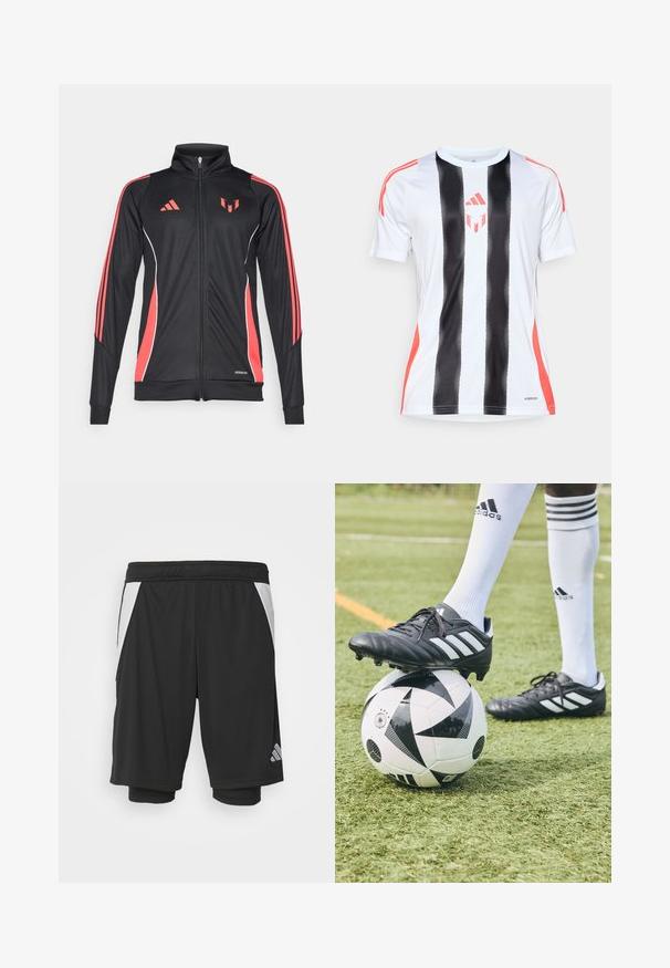 Chaqueta deportiva negra con acentos rojos, cierre de cremallera, cuello alto y ribetes blancos. Presenta tres franjas verticales en las mangas. Marca Aeroready visible.; Camiseta atlética blanca con rayas verticales negras y acentos rojos en los hombros. Presenta tecnología AeroReady para la gestión de la humedad.; Bermudas deportivas negras con un tejido ligero, paneles laterales blancos, cintura elástica y un detalle del logo reflectante en la parte inferior izquierda.; adidas Performance COPA GLORO ST FG - Botines de fútbol para terreno firme - core black/footwear white