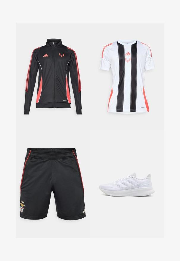 Veste de sport noire avec accents rouges, fermeture éclair, col montant et piping blanc. Elle possède trois bandes verticales sur les manches. Marque Aeroready affichée.; Maillot de sport blanc avec des rayures verticales noires et des accents rouges sur les épaules. Doté de la technologie AeroReady pour la gestion de l'humidité.; Shorts de sport noirs avec des rayures latérales rouges, taille élastique, arborant un logo d'équipe et trois étoiles dorées. Fabriqués en matériau lisse et respirant.; Chaussures de sport blanches avec un dessus en mesh texturé, une semelle rembourrée et un design à trois bandes sur le côté.