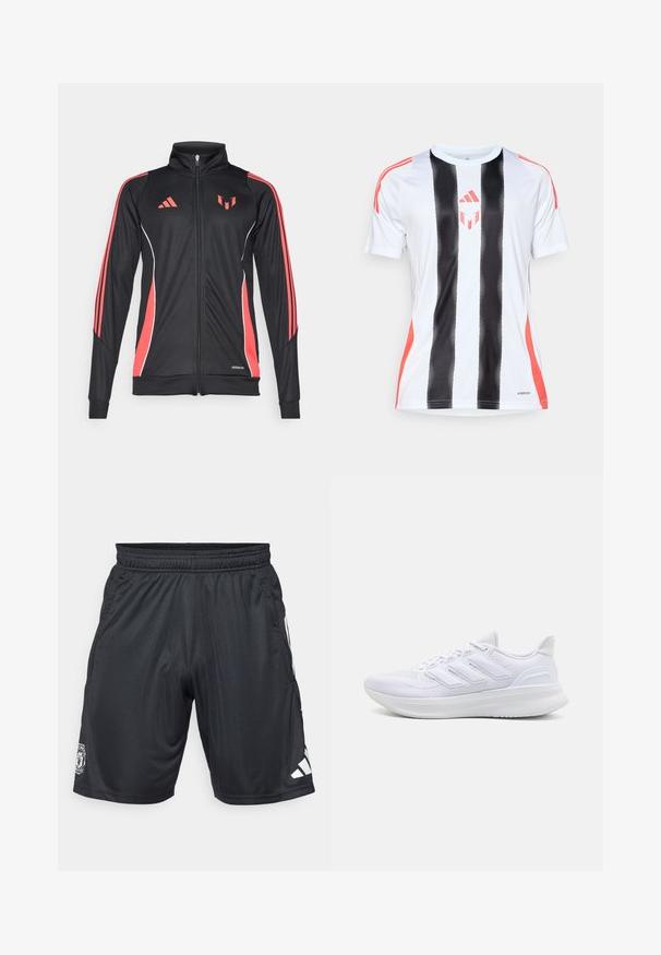 Veste de sport noire avec accents rouges, fermeture éclair, col montant et piping blanc. Elle possède trois bandes verticales sur les manches. Marque Aeroready affichée.; Maillot de sport blanc avec des rayures verticales noires et des accents rouges sur les épaules. Doté de la technologie AeroReady pour la gestion de l'humidité.; Shorts de sport noirs en matériau léger. Dotés d'une taille élastique, de poches latérales et d'un logo adidas blanc en bas à droite.; Chaussures de sport blanches avec un dessus en mesh texturé, une semelle rembourrée et un design à trois bandes sur le côté.