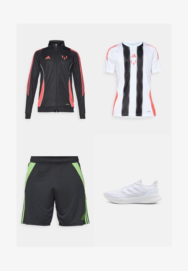 Čierna športová bunda s červenými akcentmi, so zipsom, vysokým golierom a bielym lemovaním. Obsahuje tri vertikálne pruhy na rukávoch. Zobrazené logo Aeroready.; Biela atletická dres s čiernymi vertikálnymi pruhmi a červenými akcentmi na pleciach. Obsahuje technológiu AeroReady na správu vlhkosti.; Čierne športové šortky s zelenými bočnými akcentmi a pruhmi. Vyrobené z ľahkého materiálu, s elastickým pásom pre pohodlie.; Biele športové topánky s textúrovanou sieťovinou na vrchu, podpornou a polstrovanou podrážkou a trojpruhovým dizajnom na boku.