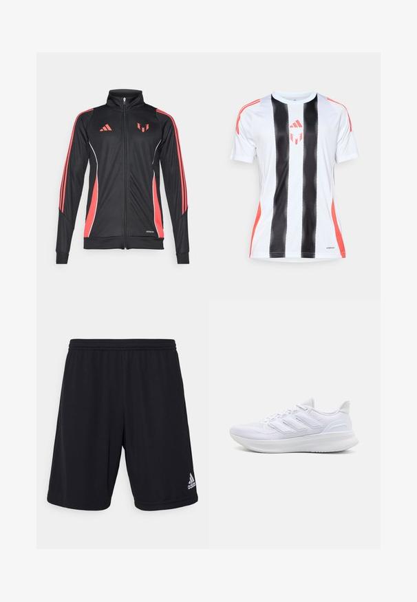 Musta urheilu takki punaisilla yksityiskohdilla, vetoketjukiinnitys, korkea kaulus ja valkoiset saumat. Varsi lohkoissa kolme pystysuoraa raitaa. Aeroready-brändi näkyvissä.; Valkoinen urheilupaita, jossa on mustat pystysuorat raidat ja punaiset yksityiskohdat harteilla. Varustettu AeroReady-teknologialla kosteuden hallintaan.; Mustat urheilusortsit, jotka on valmistettu kevyestä ja hengittävästä kankaasta. Varustettu joustavalla vyötärönauhalla ja hopeisella Adidas-logolla oikeassa alareunassa.; Valkoiset urheilukengät, joissa on teksturoitu verkkomateriaali ylhäällä, tukevat pehmustetut pohjat ja kolme raitaa sivussa.