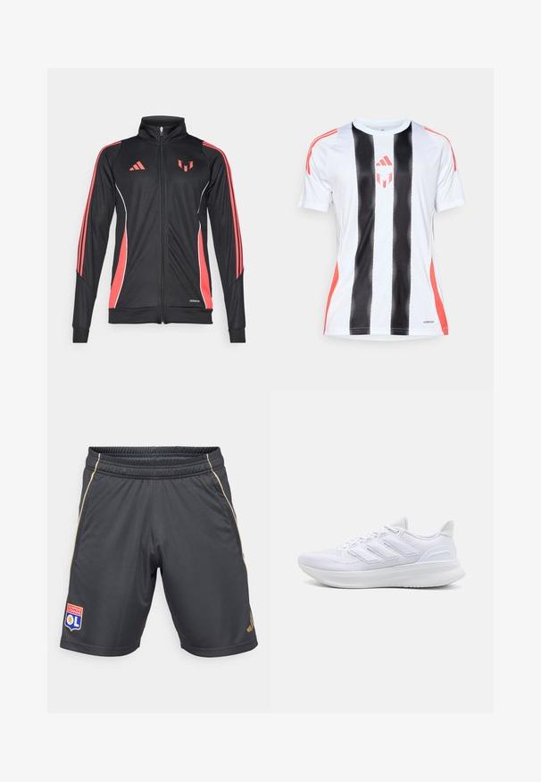 Giacca sportiva nera con accenti rossi, chiusura con zip, colletto alto e piping bianco. Presenta tre strisce verticali sulle maniche. Logo Aeroready visibile.; Maglia sportiva bianca con strisce verticali nere e dettagli rossi sulle spalle. Presenta la tecnologia AeroReady per la gestione dell'umidità.; Pantaloni sportivi grigi con vita elastica, dettagli laterali dorati e una patch con un leone e testo sulla gamba sinistra.; Scarpe sportive bianche con tomaia in mesh texturato, suola ammortizzata e supportiva, e design a tre strisce sul lato.