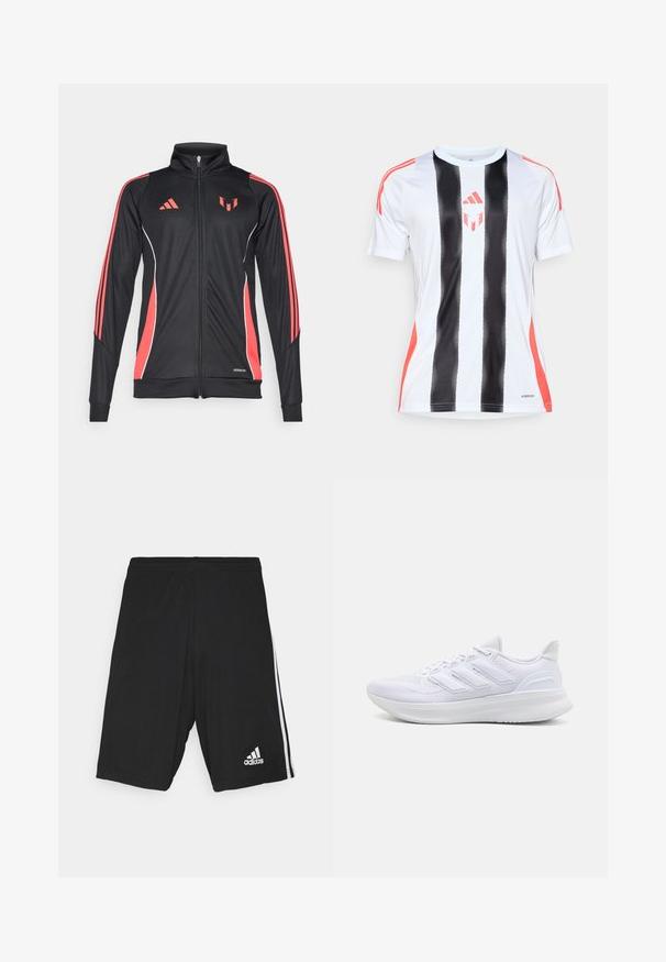 Giacca sportiva nera con accenti rossi, chiusura con zip, colletto alto e piping bianco. Presenta tre strisce verticali sulle maniche. Logo Aeroready visibile.; Maglia sportiva bianca con strisce verticali nere e dettagli rossi sulle spalle. Presenta la tecnologia AeroReady per la gestione dell'umidità.; Shorts sportivi neri con una texture liscia, caratterizzati da strisce laterali bianche e un logo bianco nella parte inferiore destra. Vita regolabile.; Scarpe sportive bianche con tomaia in mesh texturato, suola ammortizzata e supportiva, e design a tre strisce sul lato.