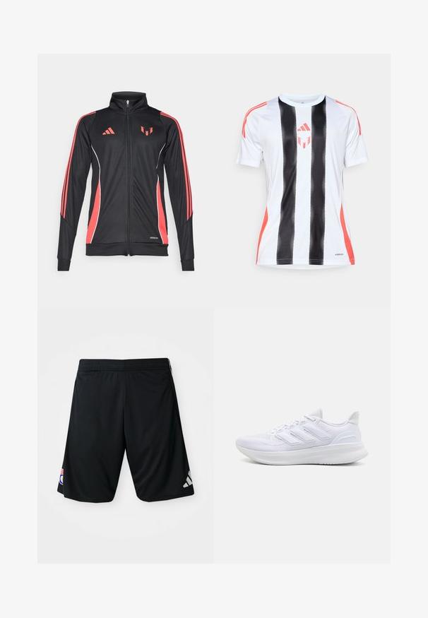 Black athletic jacket with red accents, zip closure, high collar, and white piping. Features three vertical stripes on sleeves. Aeroready branding displayed.; White athletic jersey with black vertical stripes and red accents on shoulders. Features AeroReady technology for moisture management.; Black athletic shorts made of smooth, lightweight fabric. Features an elastic waistband, Adidas logo in grey, and a patch on the side.; White athletic shoes featuring a textured mesh upper, supportive cushioned sole, and three stripe design on the side.