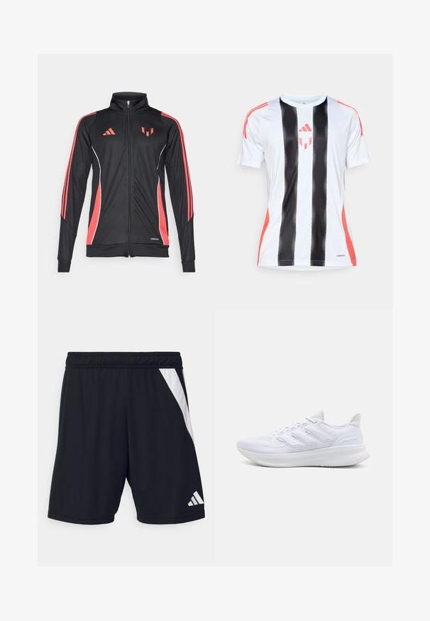 Schwarze Sportjacke mit roten Akzenten, Reißverschluss, hohem Kragen und weißen Paspelierungen. Mit drei vertikalen Streifen auf den Ärmeln. Aeroready-Branding sichtbar.; Weißes Sporttrikot mit schwarzen vertikalen Streifen und roten Akzenten an den Schultern. Verfügt über die AeroReady-Technologie zur Feuchtigkeitsregulierung.; Schwarze Sportshorts mit einem elastischen Taillenbund, die auf der linken Seite einen diagonalen weißen Streifen und ein weißes Logo-Detail in der unteren rechten Ecke haben.; Weiße Sportschuhe mit einem strukturierten Mesh-Obermaterial, einer stützenden gepolsterten Sohle und einem drei Streifen-Design an der Seite.