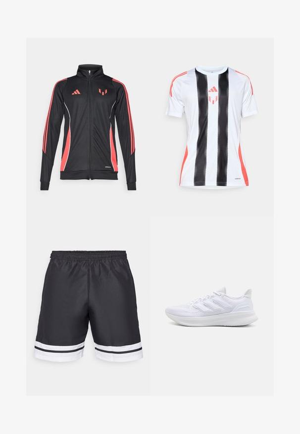 Black athletic jacket with red accents, zip closure, high collar, and white piping. Features three vertical stripes on sleeves. Aeroready branding displayed.; White athletic jersey with black vertical stripes and red accents on shoulders. Features AeroReady technology for moisture management.; Black athletic shorts with an elastic waistband, featuring white horizontal stripes at the hem and a smooth texture.; White athletic shoes featuring a textured mesh upper, supportive cushioned sole, and three stripe design on the side.