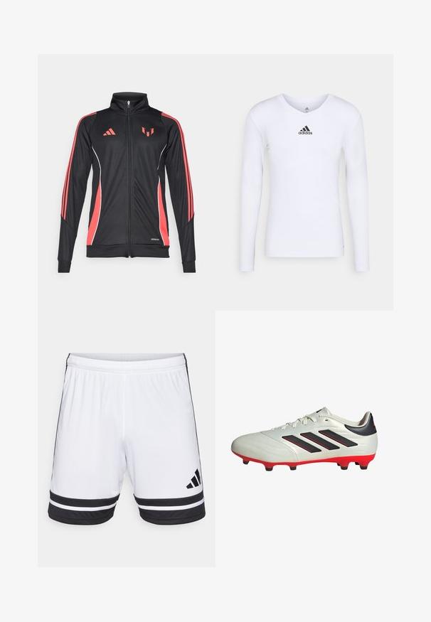 Chaqueta deportiva negra con acentos rojos, cierre de cremallera, cuello alto y ribetes blancos. Presenta tres franjas verticales en las mangas. Marca Aeroready visible.; Camiseta deportiva de manga larga blanca, fabricada con material suave, que presenta un logo negro de Adidas en el pecho; diseño de cuello en V y forma ajustada.; Pantalones cortos deportivos blancos con rayas horizontales negras en el dobladillo y logo negro de Adidas. Cintura elástica para un ajuste ajustable.; Botas de fútbol blancas con acentos negros y suela roja. Presentan tres rayas negras en el lateral y una parte superior de textura suave.
